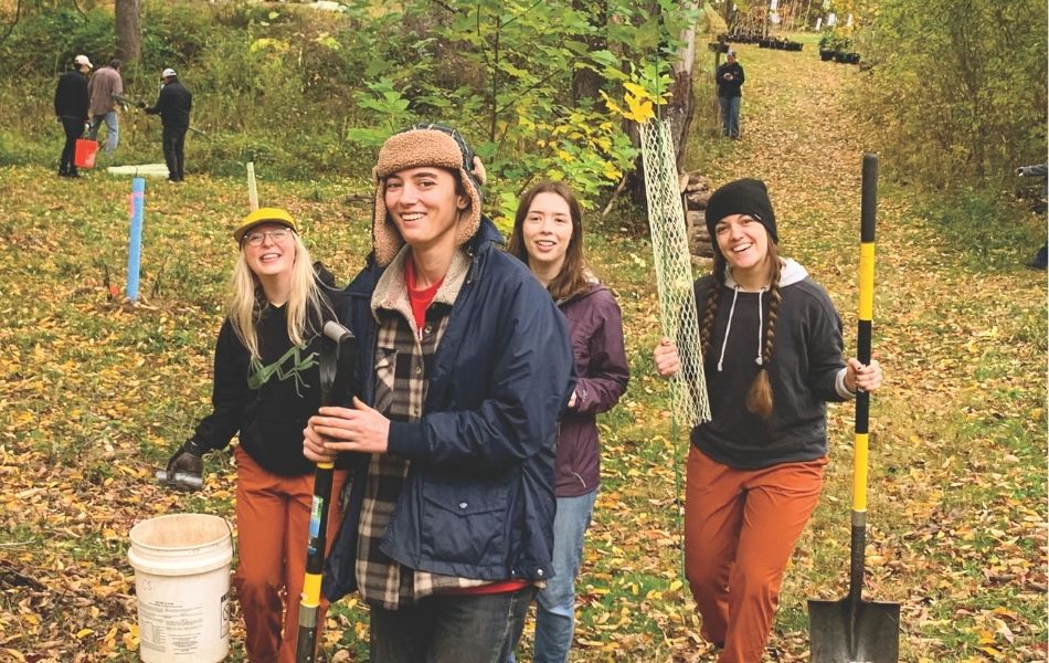 volunteers walking through forest