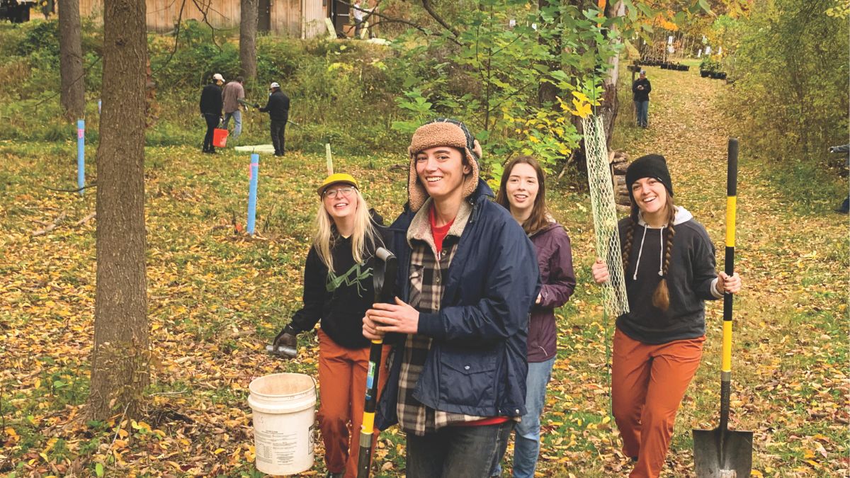 a group of people walking with shovels and young trees for planting in a fall woodland
