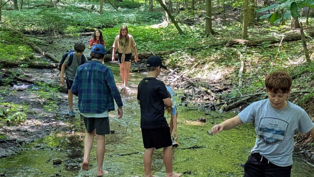 teens walking in stream on a summer day