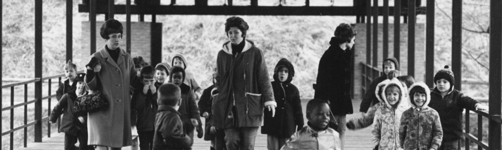 school class on bridge in the 1960s