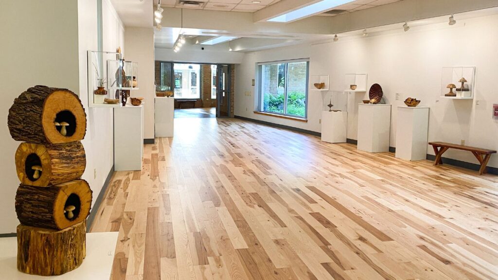 art space with wooden floors and open, lighted area