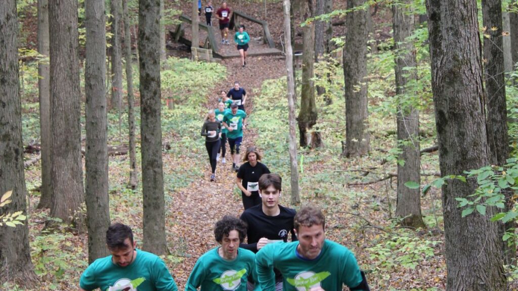 group of people running up a hill in the fall