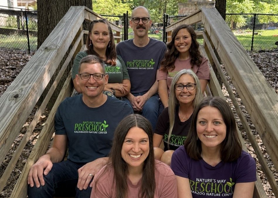 Preschool staff members on stairs